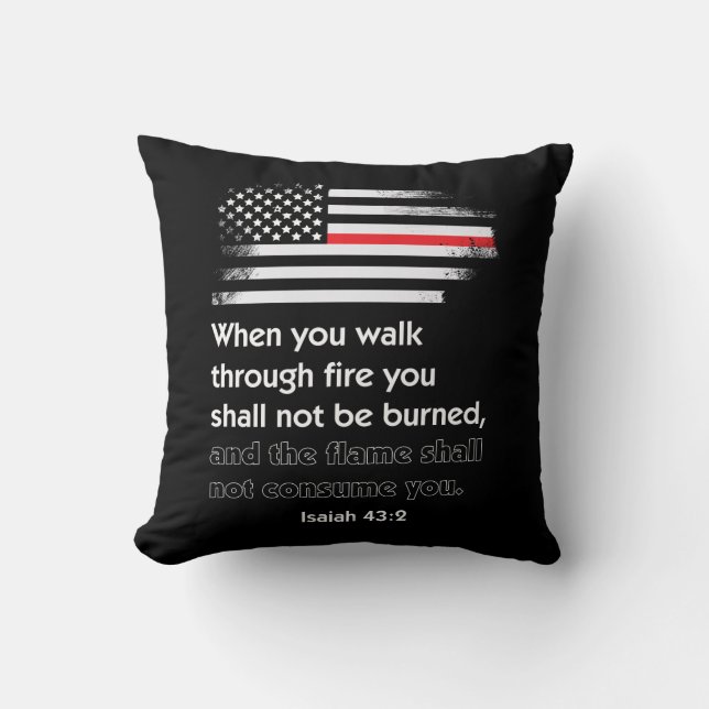 Thin Red Line Firefighter Bible Verse America Throw Pillow (Front)
