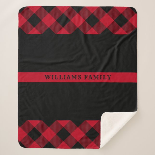 Thin Red Line Firefighter Buffalo Plaid Monogram Sherpa Blanket (Front)