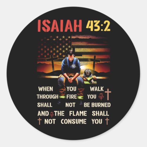 Thin Red Line Firefighter Cross Bible Verse Americ Classic Round Sticker