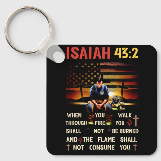 Thin Red Line Firefighter Cross Bible Verse Americ Keychain | Zazzle