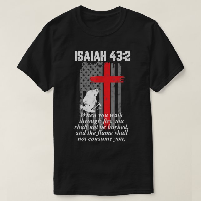 Thin Red Line Firefighter Cross Bible Verse Americ T-Shirt (Design Front)