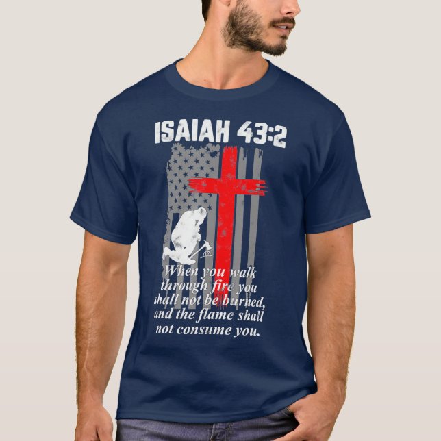 Thin Red Line Firefighter Cross Bible Verse Flag T-Shirt (Front)