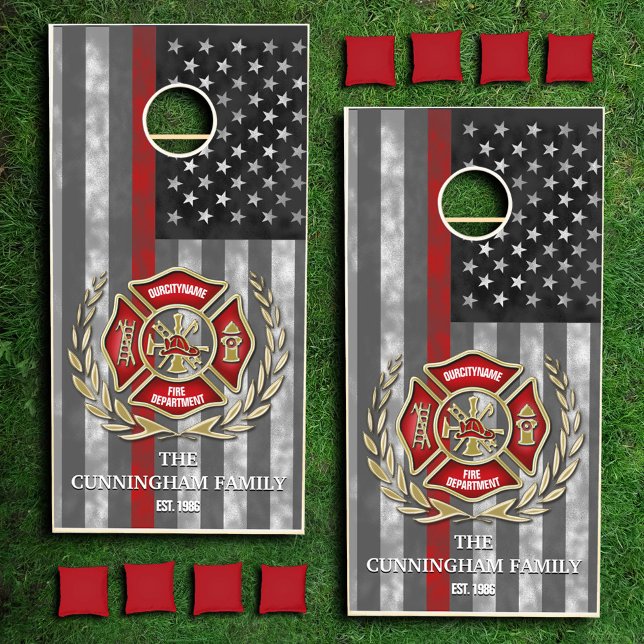 Thin Red Line Firefighter Family Custom Cornhole Set (Creator Uploaded)