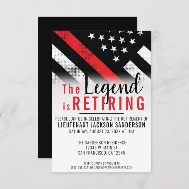Thin Red Line Firefighter Fireman Retirement Party Invitation (Front/Back)
