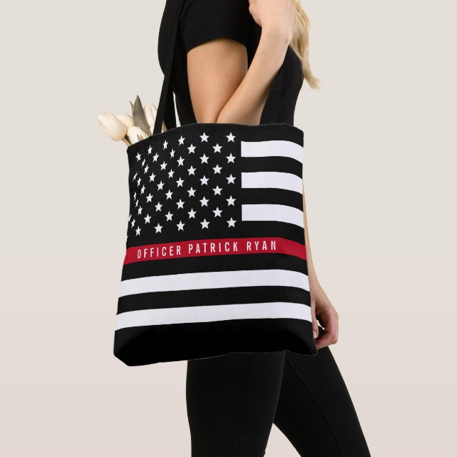 Thin Red Line Firefighter Flag Custom Name Tote Bag (Close Up)