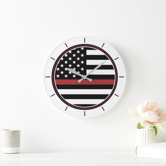 Thin Red Line Firefighter Flag Fire Department Large Clock (Home)