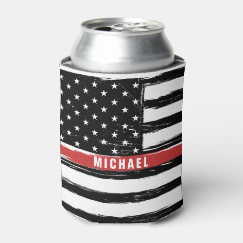 Thin Red Line Firefighter Flag Grunge Personalize Can Cooler