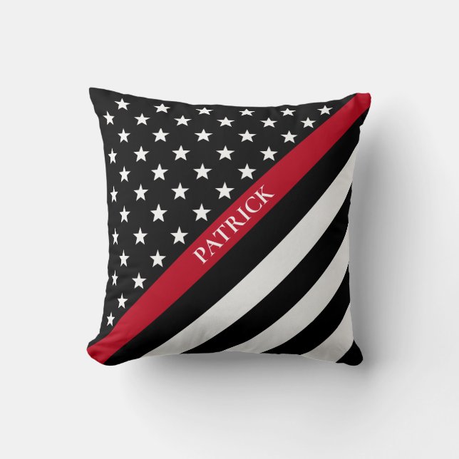 Thin Red Line Firefighter Flag Monogram Name Throw Pillow (Front)