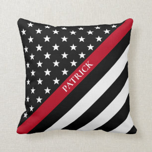 Thin Red Line Firefighter Flag Monogram Name Throw Pillow