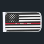 Thin Red Line Firefighter Flag Monogram Silver Finish Money Clip<br><div class="desc">This money clip features a black and white firefighter thin red line American flag design with stars and stripes on a black background and a name for you to personalize..</div>