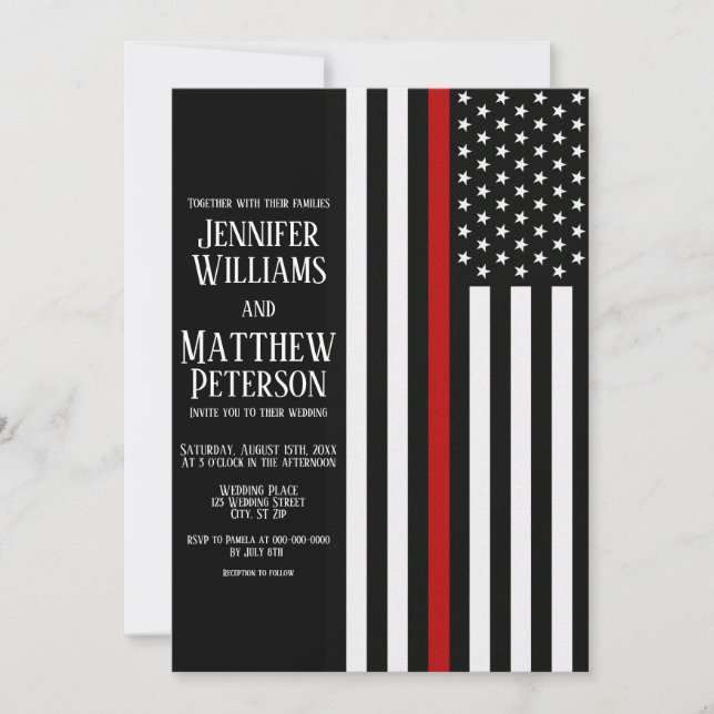 Thin Red Line Firefighter Flag Wedding Invitation (Front)