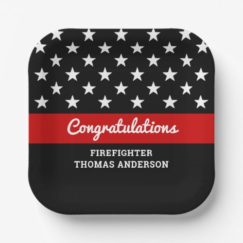 Thin Red Line Firefighter Graduation Party Paper Plates - Add the finishing touch to your firefighter retirement or graduation party with these thin red line modern firefighter party paper plates and party supplies. USA American flag design in firefighter flag colors, modern black red white design . This fire academy graduation collection will be a favorite. See our thin red line collection for matching firefighter retirement invitations, firefighter gifts, party favors, and supplies. COPYRIGHT © 2020 Judy Burrows, Black Dog Art - All Rights Reserved. Thin Red Line Firefighter Graduation Party Paper Plates 