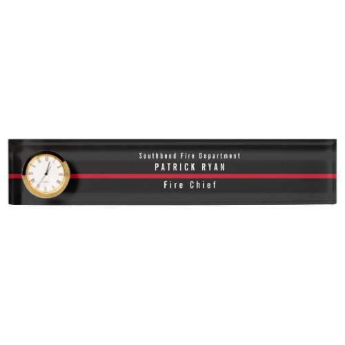 Thin Red Line Firefighter Monogram Clock Desk Name Plate