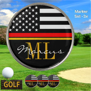 Thin Red Line & Firefighter Monogrammed / Golden Golf Ball Marker