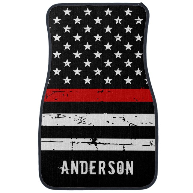 Thin Red Line Firefighter Personalized Name Car Floor Mat (Front)