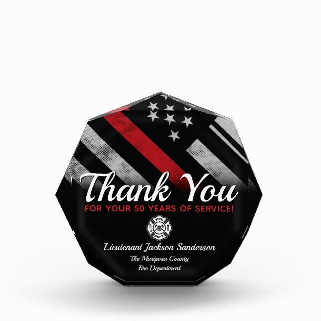 Thin Red Line Firefighter Retirement Anniversary Acrylic Award (Front)
