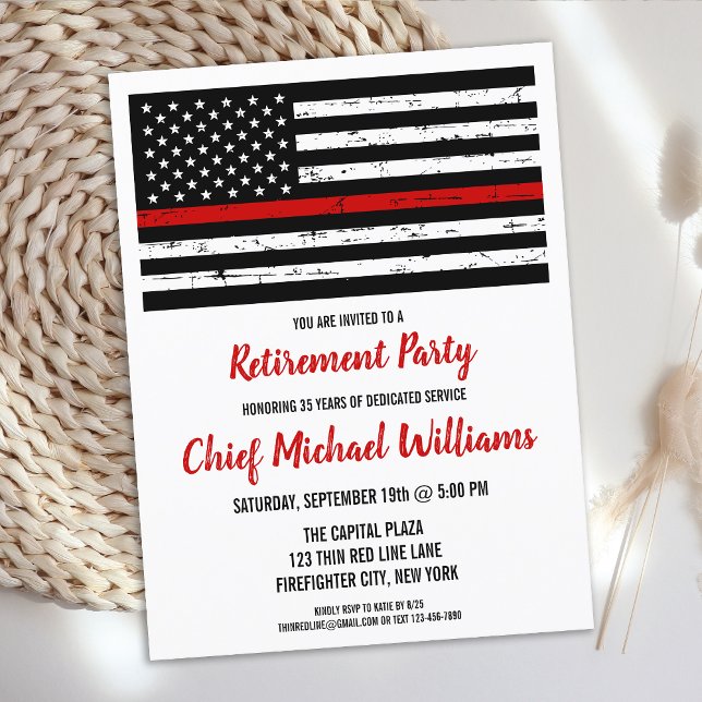 Thin Red Line Firefighter Retirement Party Invitation Postcard (Creator Uploaded)