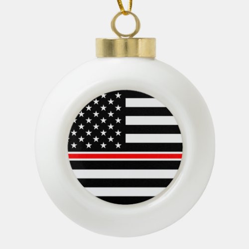 Thin Red Line Firefighters Heroes American Flag Ceramic Ball Christmas Ornament
