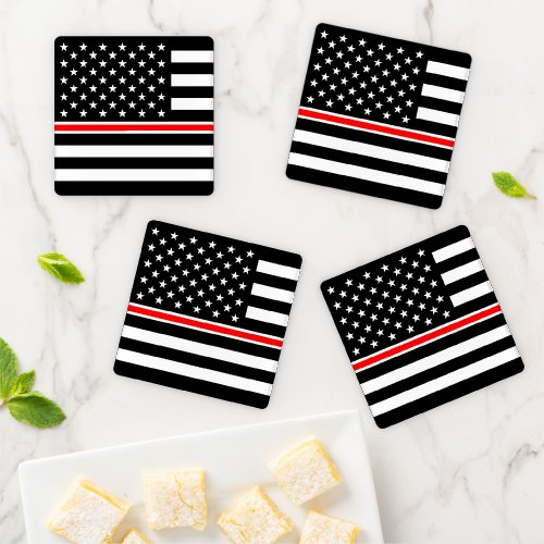 Thin Red Line Firefighters Heroes American Flag Coaster Set