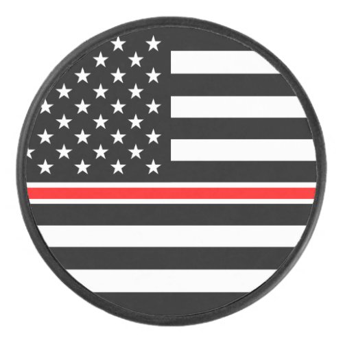 Thin Red Line Firefighters Heroes American Flag Hockey Puck