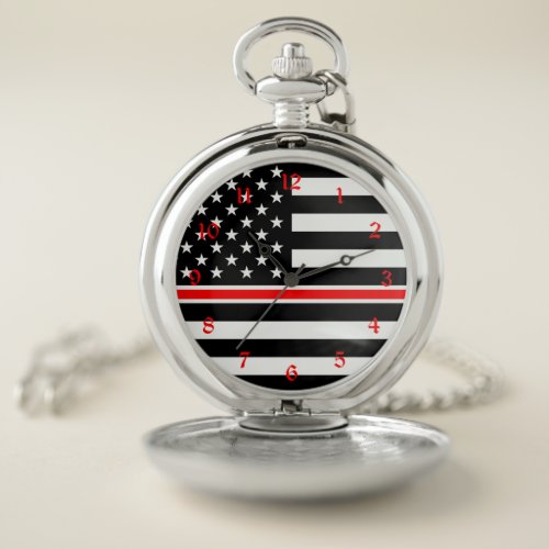 Thin Red Line Firefighters Heroes American Flag Pocket Watch