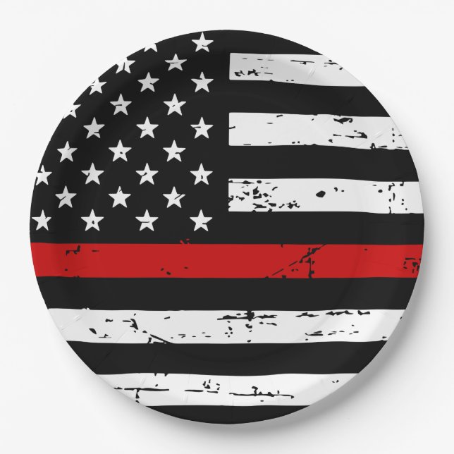 Thin Red Line Fireman Flag Firefighter  Paper Plates (Front)