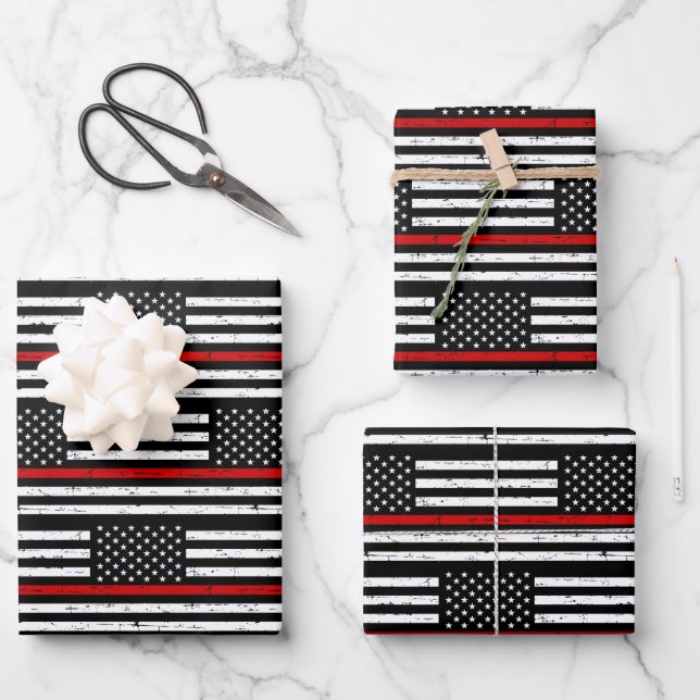 Thin Red Line Fireman Flag Retirement Firefighter Wrapping Paper Sheets (Front)