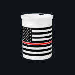 Thin Red Line Flag: Firefighter Hero Memorial Beverage Pitcher<br><div class="desc">The Thin Red Line flag is a symbol of support for firefighters. It's a modified version of the American flag, where the traditional red stripes are replaced with black stripes, and a single red stripe remains. This single red stripe represents the bravery and sacrifice of firefighters. - The flag is...</div>