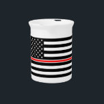 Thin Red Line Flag: Firefighter Hero Memorial Beverage Pitcher<br><div class="desc">The Thin Red Line flag is a symbol of support for firefighters. It's a modified version of the American flag, where the traditional red stripes are replaced with black stripes, and a single red stripe remains. This single red stripe represents the bravery and sacrifice of firefighters. - The flag is...</div>