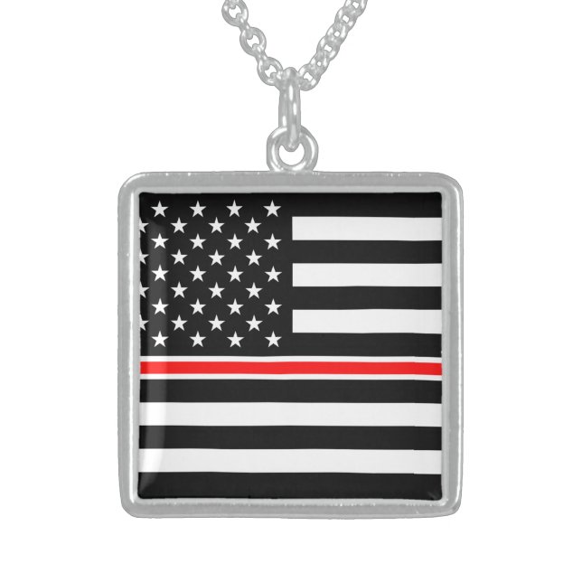 Thin Red Line Flag: Firefighter Hero Memorial Sterling Silver Necklace (Front)