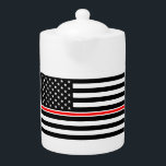 Thin Red Line Flag: Firefighter Hero Memorial Teapot<br><div class="desc">The Thin Red Line flag is a symbol of support for firefighters. It's a modified version of the American flag, where the traditional red stripes are replaced with black stripes, and a single red stripe remains. This single red stripe represents the bravery and sacrifice of firefighters. - The flag is...</div>