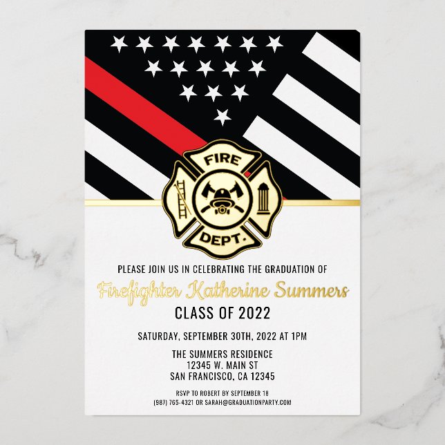 Thin Red Line Flag Fireman Firefighter Graduation Foil Invitation (Front)