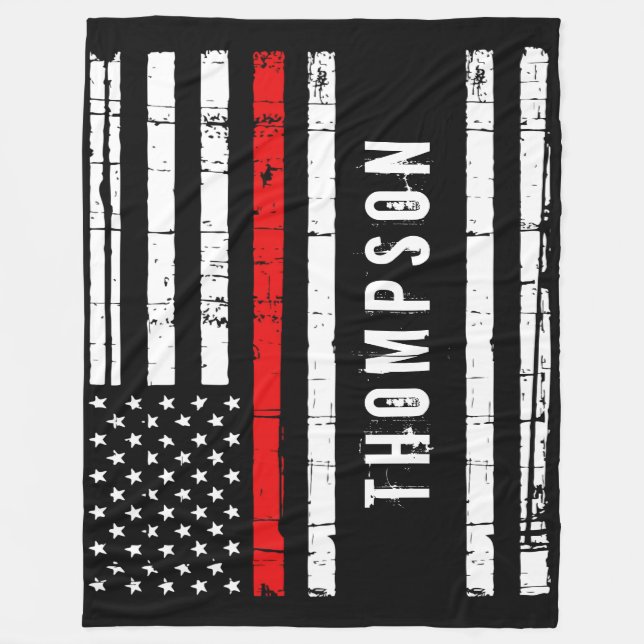 Thin Red Line Flag Personalized Firefighter Fleece Blanket (Front)