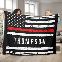 Thin Red Line Flag Personalized Firefighter Fleece Blanket