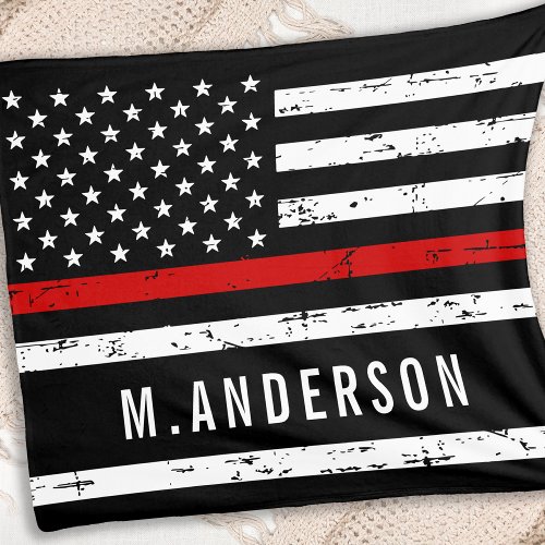 Thin Red Line Flag Personalized Name Firefighter Fleece Blanket