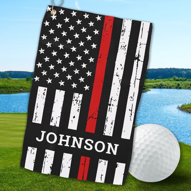 Thin Red Line Flag Personalized Name Firefighter Golf Towel (Creator Uploaded)