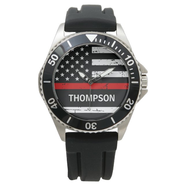 Thin Red Line Flag Personalized Name Firefighter  Watch (Front)