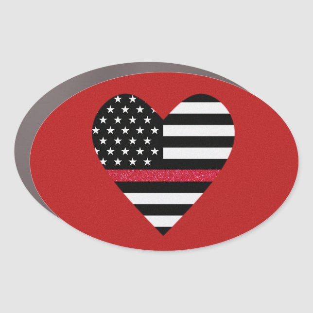 Thin Red Line Glitter Heart Car Magnet (Front)