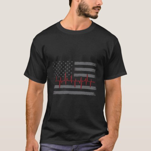 Thin Red Line Heartbeat American Flag Firefighter T_Shirt