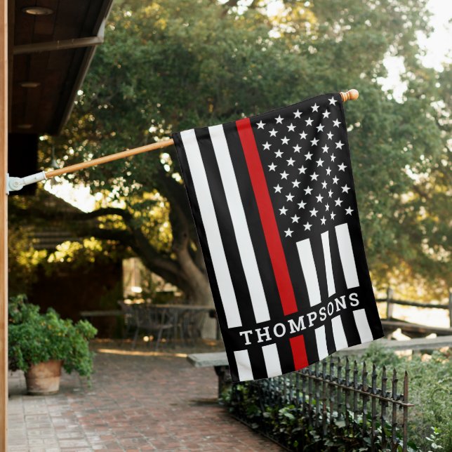 Thin Red Line Personalized Firefighter House Flag (In SItu)