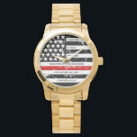 Thin Red Line Personalized Firefighter Retirement  Watch<br><div class="desc">Celebrate and show your appreciation to an outstanding Firefighter with this Thin Red Line Firefighter Retirement Watch - American flag design in Firefighter Flag colors, distressed design . Perfect for service awards, fireman anniversary gifts, and firefighter retirement gifts . Personalize this firefighter retirement watch with name, years of service and...</div>