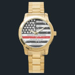 Thin Red Line Personalized Firefighter Retirement  Watch<br><div class="desc">Celebrate and show your appreciation to an outstanding Firefighter with this Thin Red Line Firefighter Retirement Watch - American flag design in Firefighter Flag colors, distressed design . Perfect for service awards, fireman anniversary gifts, and firefighter retirement gifts . Personalize this firefighter retirement watch with name, years of service and...</div>