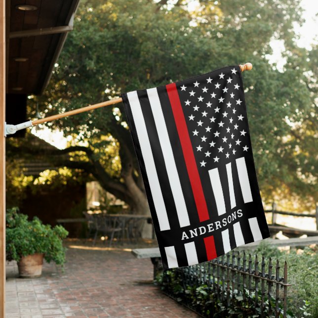 Thin Red Line Personalized Name Firefighter House Flag (In SItu)