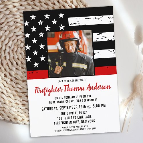 Thin Red Line Photo Firefighter Retirement Party Invitation