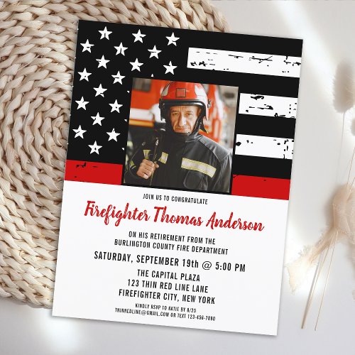 Thin Red Line Photo Firefighter Retirement Party Invitation Postcard