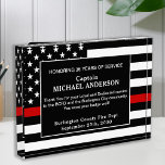 Thin Red Line Retirement Anniversary Firefighter  Acrylic Award<br><div class="desc">Celebrate and show your appreciation to an outstanding Firefighter with this Thin Red Line Award - American flag design in Firefighter Flag colors , distressed design. Personalize this firefighter retirement award with fireman name, text with fire department , fire station, name and community, and date of retirement. This thin red...</div>