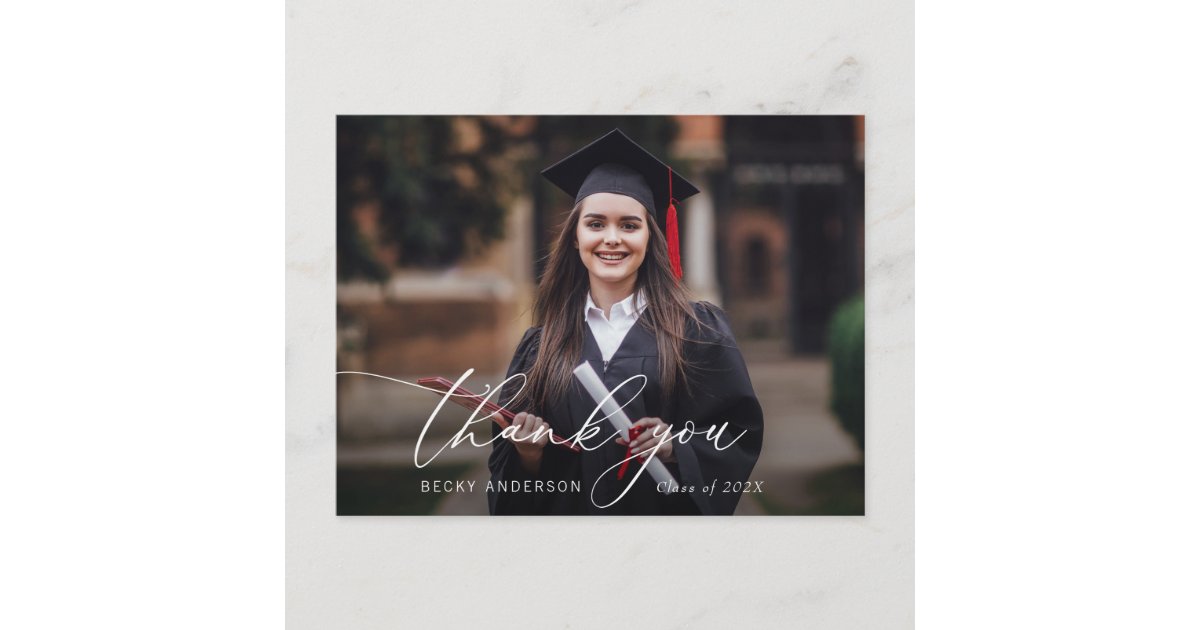 thin script modern thank you graduation postcard | Zazzle