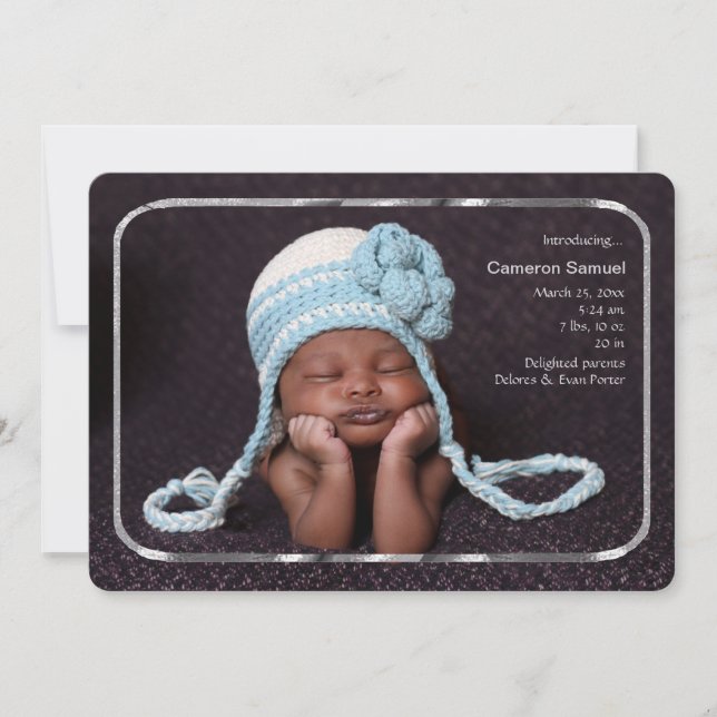 Thin Silver Frame Photo Birth Announcement (Front)