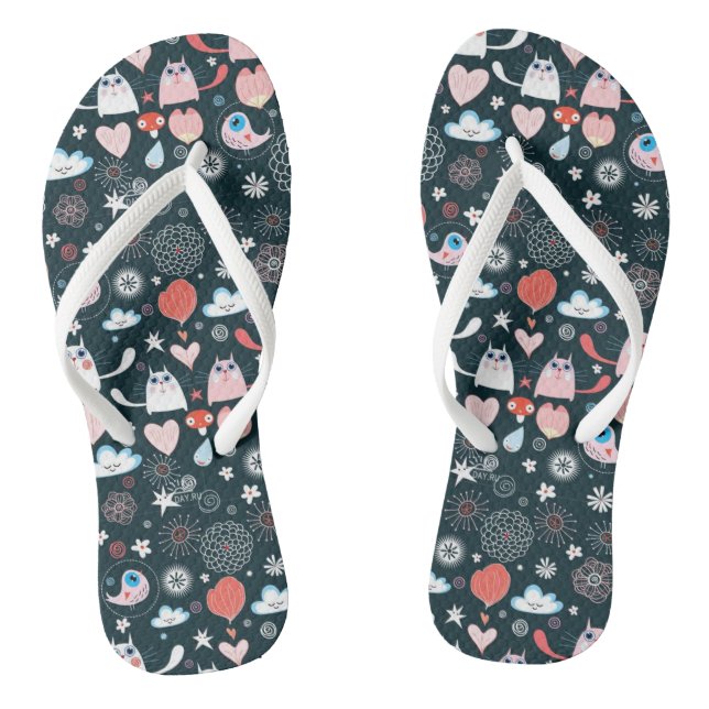Thin Strap Flip Flops Cartoon Cat Clouds and Heart (Footbed)