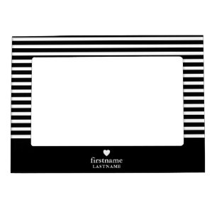 Thin Stripes Upscale Heart Monogram - black white Magnetic Frame